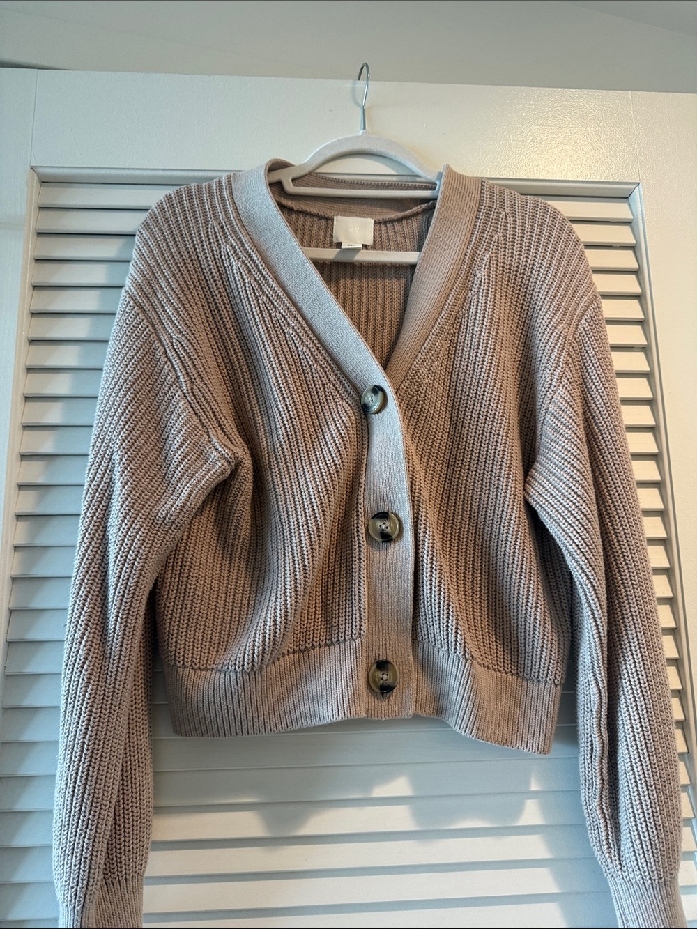Women's Cropped Rib-Knit Cardigan Sweater in Taupe - Picture 2 of 4